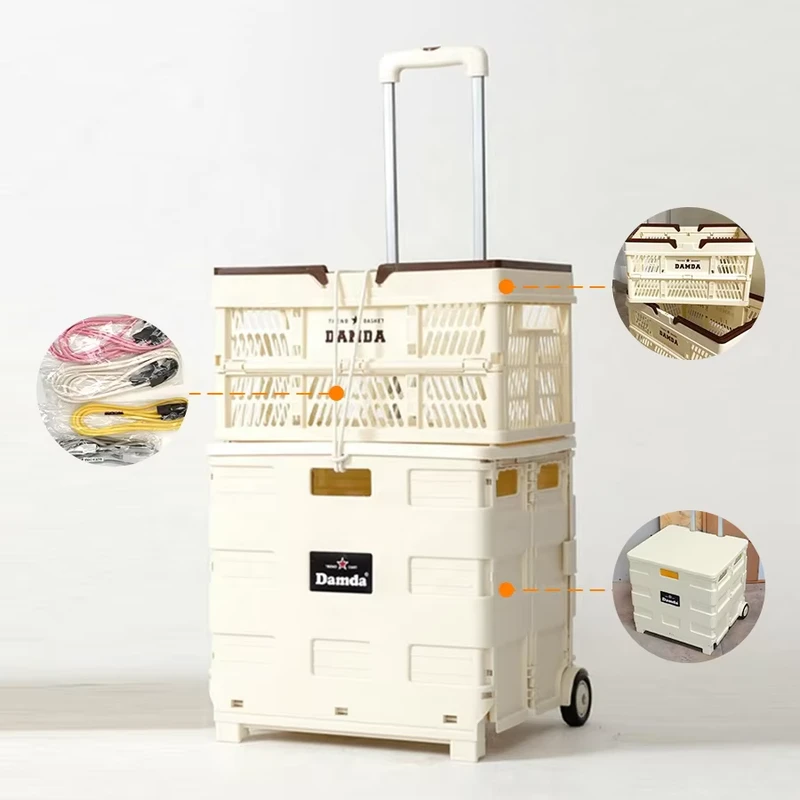 Korea Plastic Foldable Shopping Trolley Hand Cart with Lids Ivory Portable Rolling Cart Camping Crate with 2 Wheels