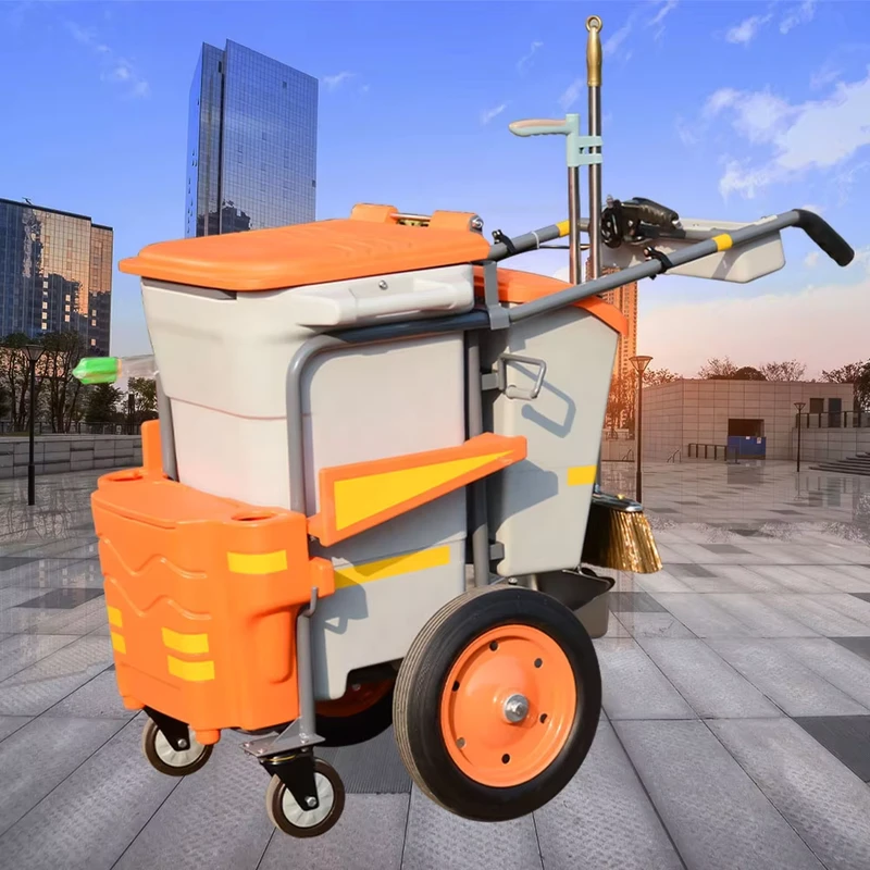 LH TZ01 Manual Sanitation Cart Outdoor Litter Collection Trolley Waste Cleaning Cart Yellow PVC Metal 200 lb Capacity