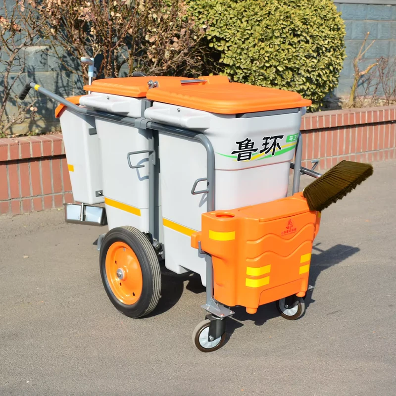 LUHUAN Yellow Double Bin Janitorial Cart 200 liter Trash Bin Capacity PP Material 4 Wheeled Hand Push Cleaning