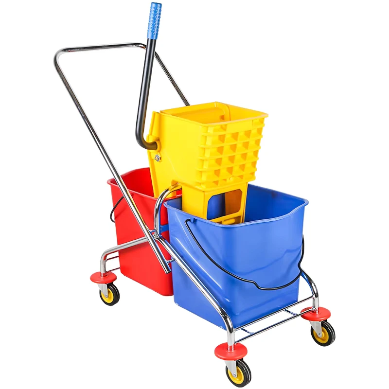 Large 60L Two Bucket Cleaning Cart Built in Side Press Wringer Effortless Mobility with Rubber Casters