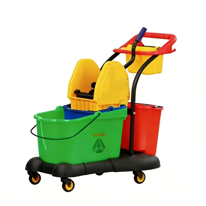 Large 85L Dual Bucket Cleaning System with Press Wringer Separate Wash Rinse Mobile with Big Wheels