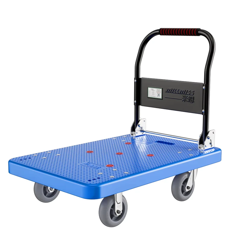 Large Blue Nylon Trolley with Cold-Rolled Steel Handrails Four-Wheel for Shopping Storage Tools Caster Wheels