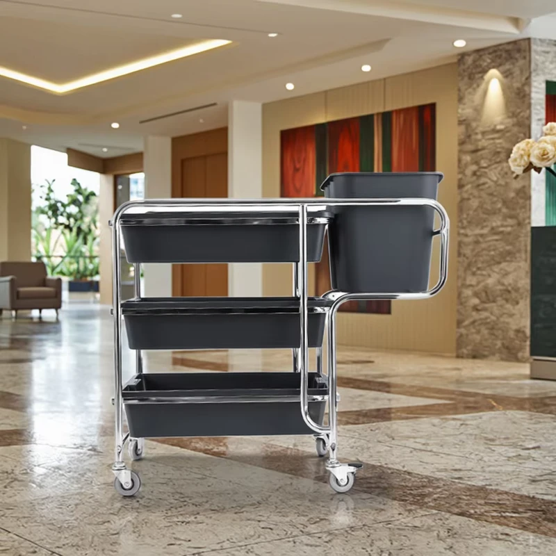 Large Capacity 3 Tier Plastic Dining Cart Strong Bearing Waset Hotel Trolley for Plate Collection Durable Restaurant Trolley