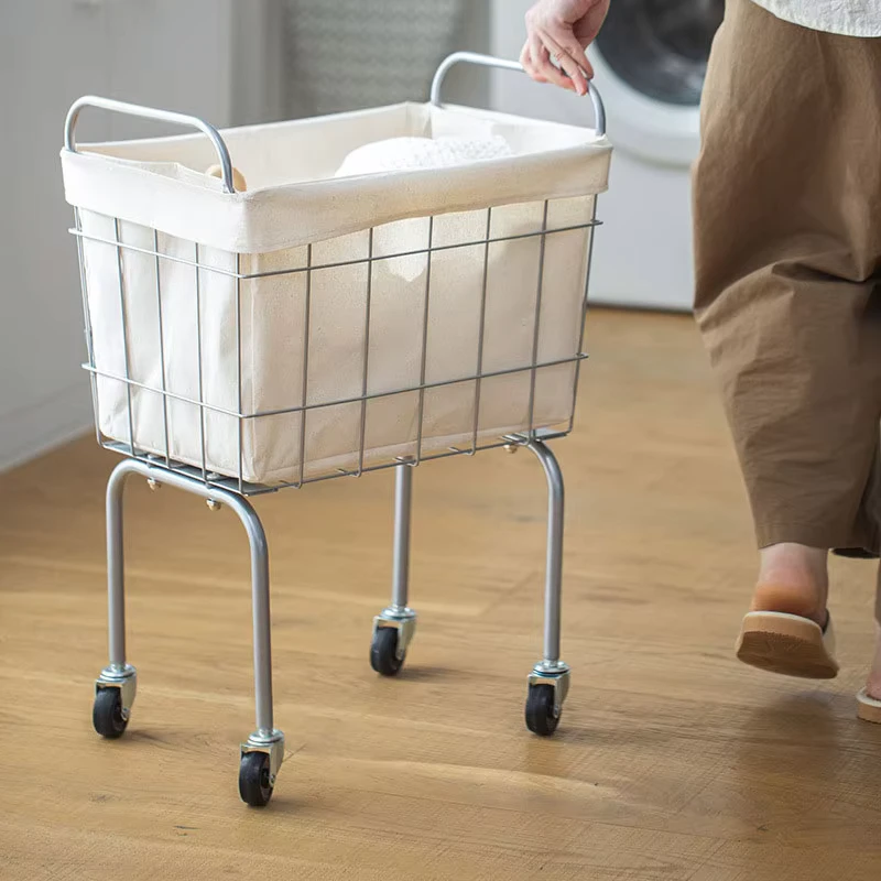 Large Capacity 48L Movable Metal Mesh Organizer Trolley with Wheels Dirty Clothes Laundry Basket Storage for Bathroom Livingroom