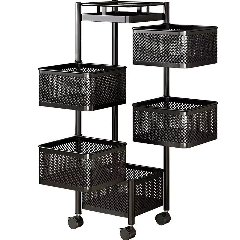 Large Capacity 5 Tier Metal Trolley Cart Rotating Vegetable Baskets Movable Fruit Snack Organizer in Living Room Storage Rack