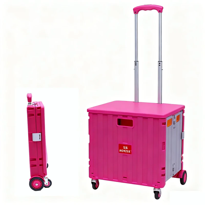 Large Capacity Foldable Rolling Cart with 4 Wheels Plastic Folding Shopping Cart Adjustable Hand Shopping Trolleys Carts