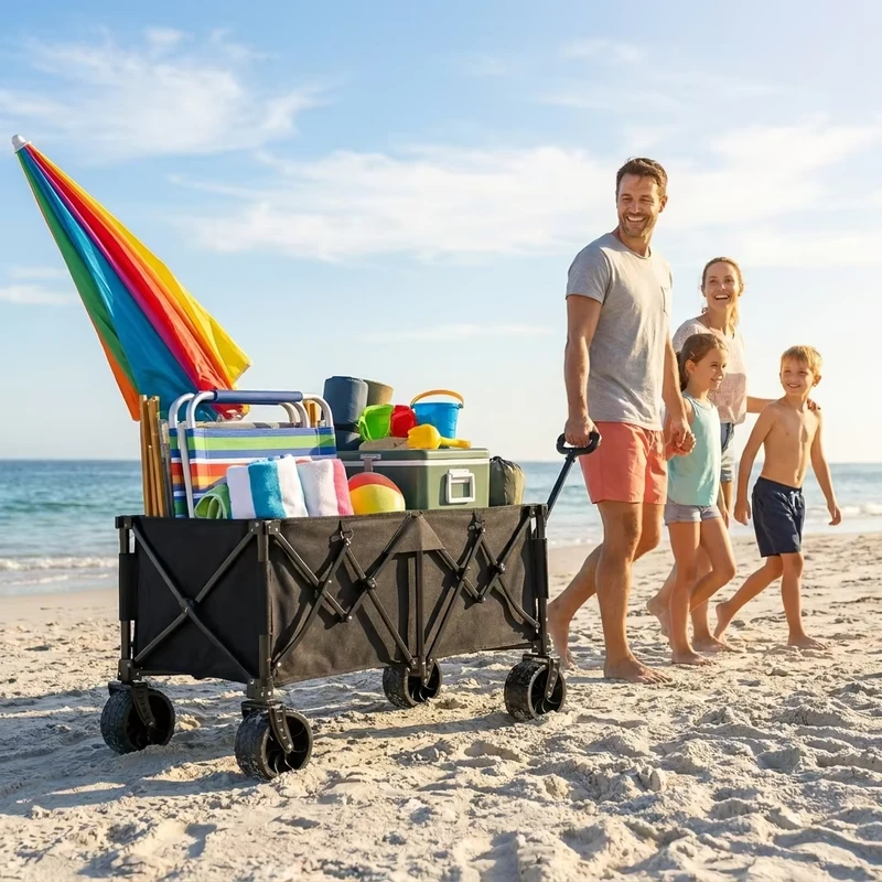 Large Capacity Heavy Duty Fold Beach Wagon Collapsible Folding Utility Wagon Cart Outdoor Trolley Portable Garden Camping Cart
