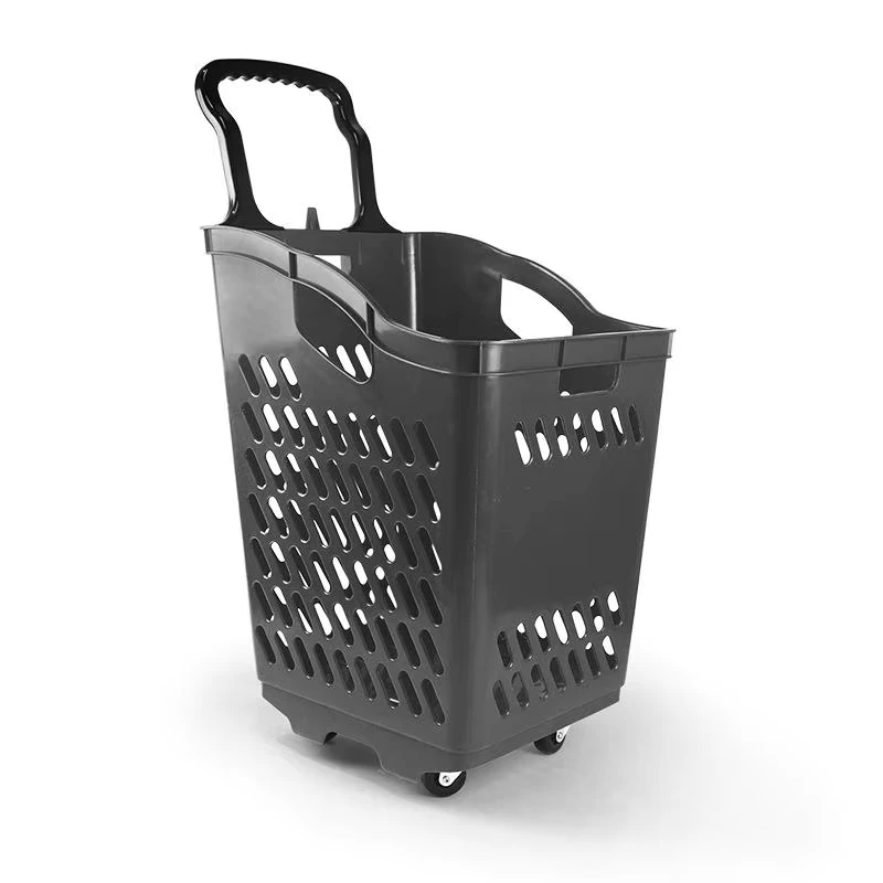 Large Hand pulled Supermarket Shopping Cart Pull Rod Handle Portable Plastic Trolley Wheels Thickened Design 70L Capacity