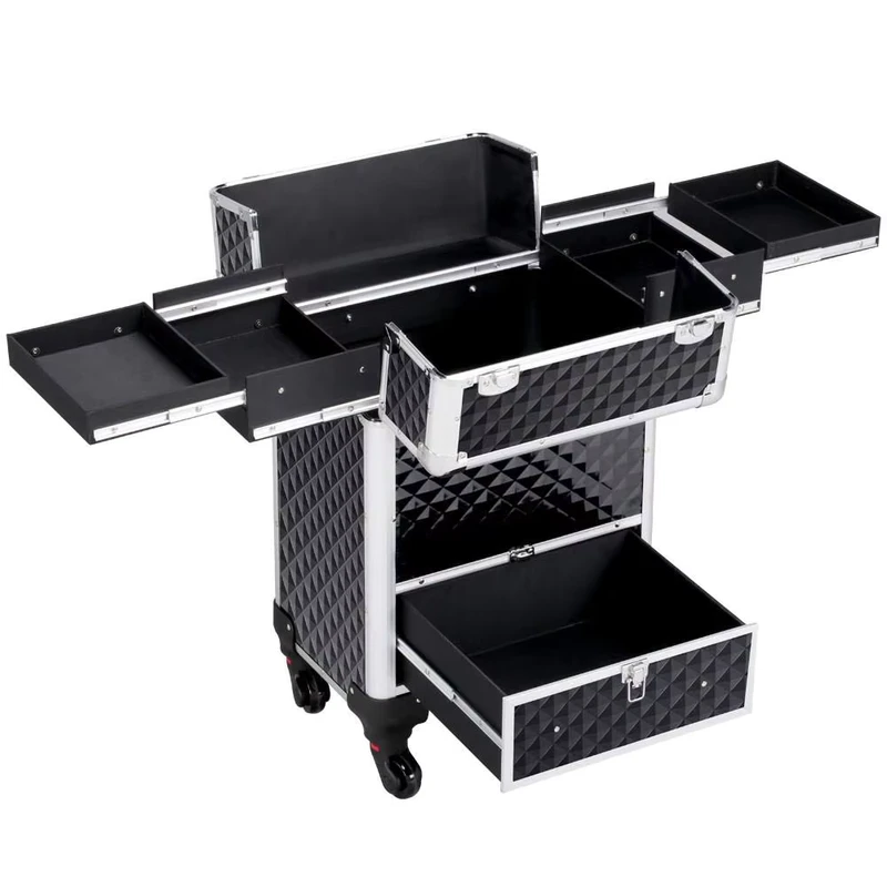 Large Rolling Makeup Train Case Aluminum Cosmetic Case Wheel Barber Case Salon Lockable Travel Trolley Sliding Drawers Removable