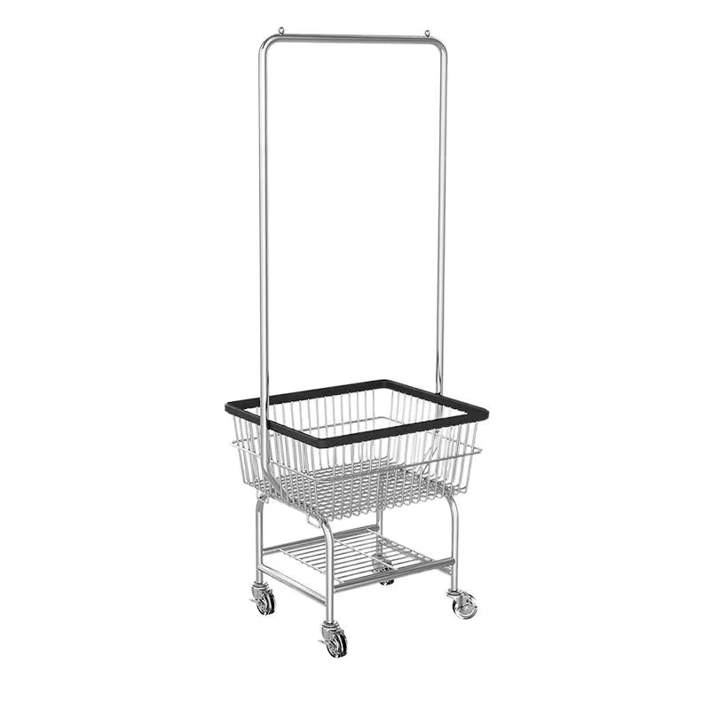 Laundromat Steel Construction Hospital Hotel Rolling Trolley with Hanging Bar Laundry Bags Baskets