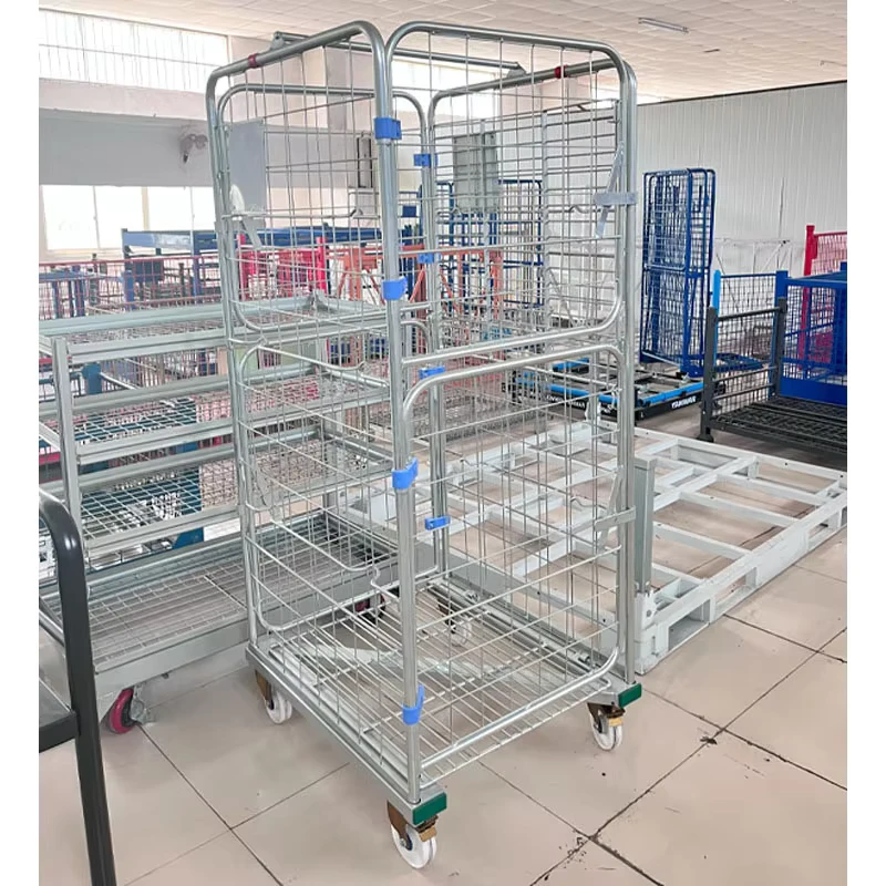 Laundry Trolley Steel Wire Mesh Structure Foldable Metal Wire Trolley Zinc Plated 500kg Capacity Roll Cages Roll Container