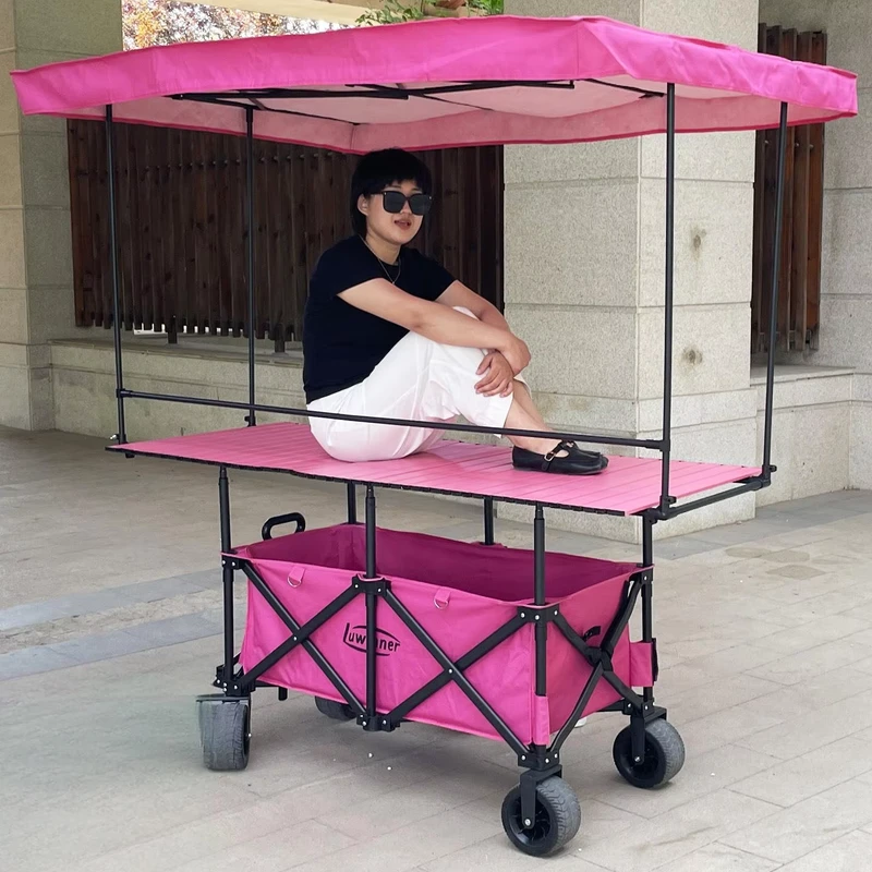 Length Table Board Food Car Sunshade Four Wheel Movable Camping Stall Pull Foldable Metal Outdoor Furniture