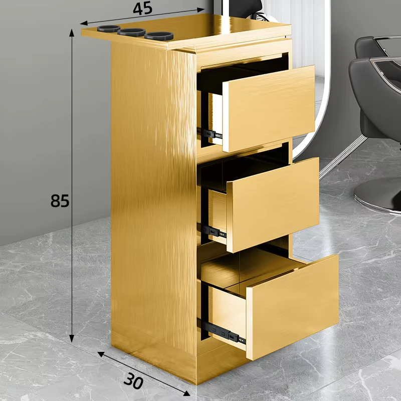 Light Luxury Modern Double Tier Stainless Steel Salon Cabinet with Storage Drawers and Hair Dryer Holder for Barber Shop