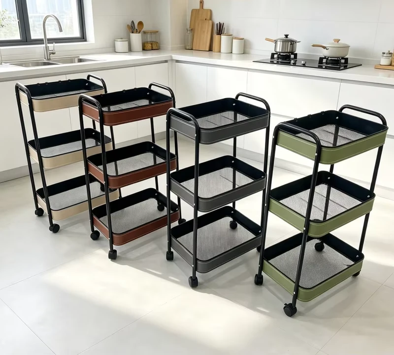 Light Luxury Trolley 3 Tier Metal Kitchen Utility Trolley Cart Classic Mobile Storage Organizer Rack with Wheels Handle