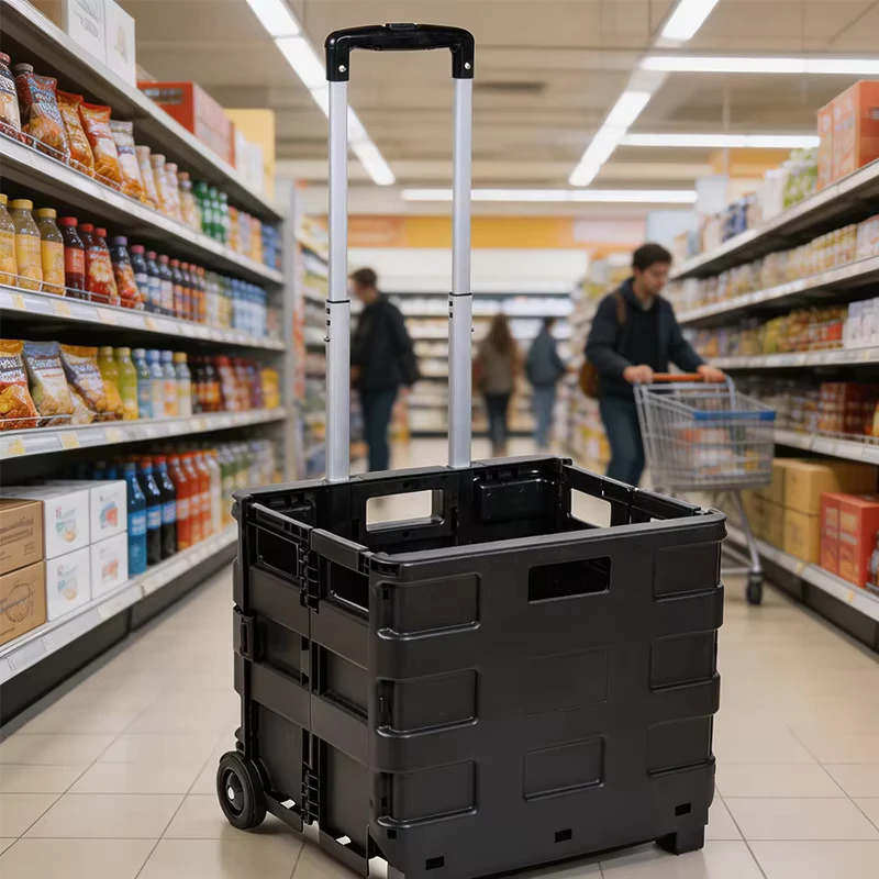 Lightweight Foldable Plastic Rolling Shopping Trolley Cart With Telescopic Handle Portable Collapsible Storage Crate Cart