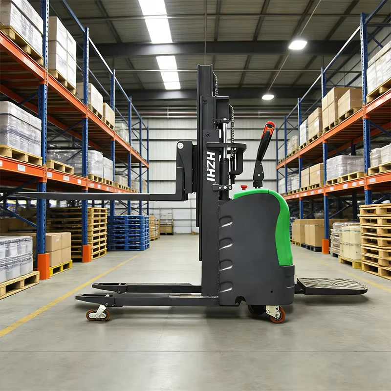 Lithium Ion Battery Powered Electric Pallet Stacker Standing Operation Retail Warehouse Material Handling Storage Lifting