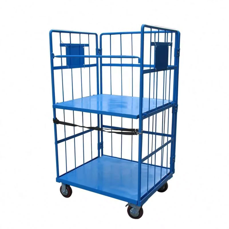 Load Bearing 500kg Powder Coated 3 Door Steel Roll Container Metal Pallet Cage Cargo Trolley With 4 Wheel