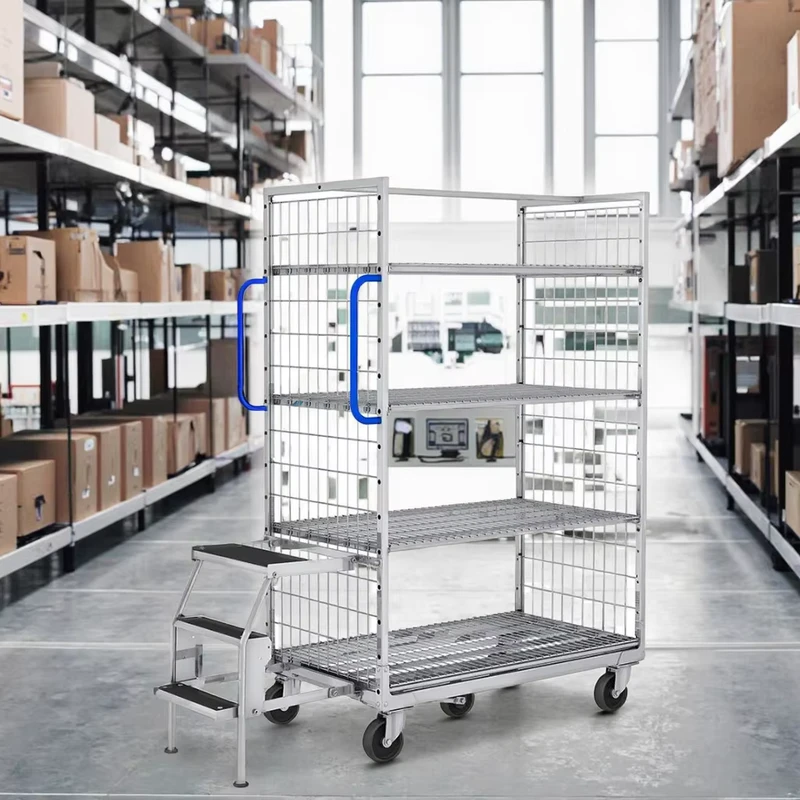 Logistic Transport Adjustable Warehouse Multifunctional Order Picking Trolley With Ladder Steps