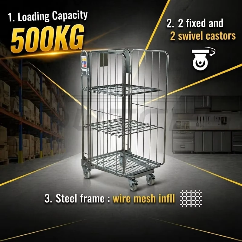 Logistics Center Transport Wire Mesh Collapsible Nestable Warehouse Rolling Trolley Cage