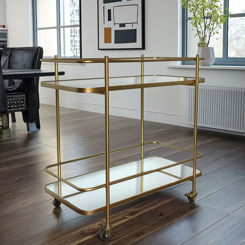 Luxurious Modern 2 Layer Golden Metal Frame Rectangle Mirror Glasses Trolley Utility Cart Wheels Home Bar Dining Kitchen Use