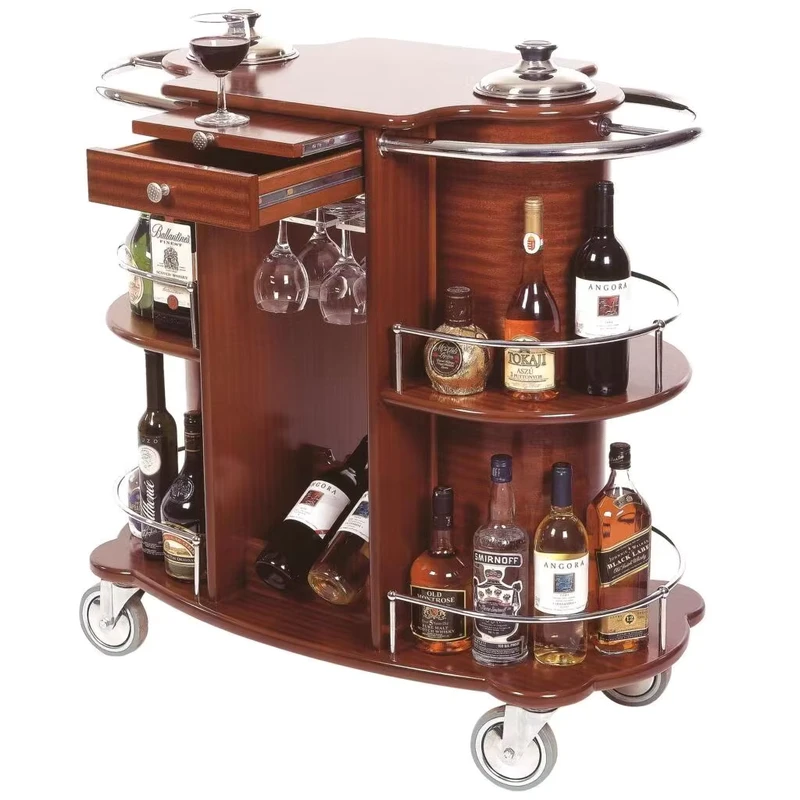Luxury 304 Stainless Steel Wood Bar Cart Trolley with Two Tiers for Wine Liquor Hotel Restaurant Banquet Service