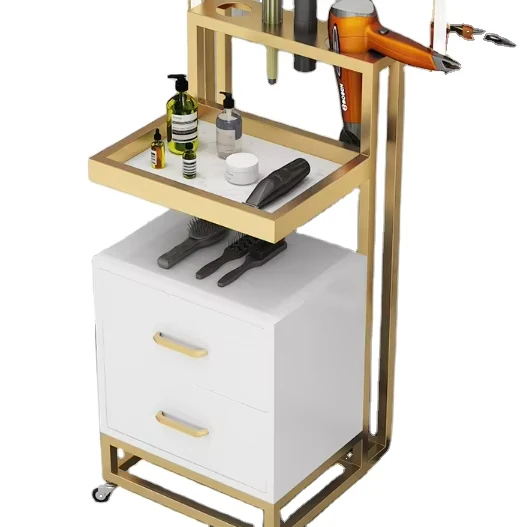 Luxury Directional Barber Trolley Commercial Modern Design with Wheels Plastic Plated Gold for Barber Shops Hotels Hospitals