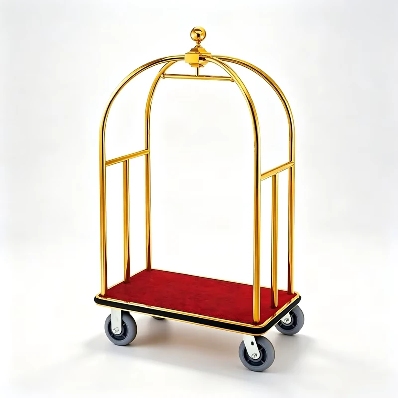 Luxury Gold Stainless Steel OEM Platform Hotel Luggage Cart Bellman Baggage Trolley Birdcage Lobby Service Cart Red Carpet Deck