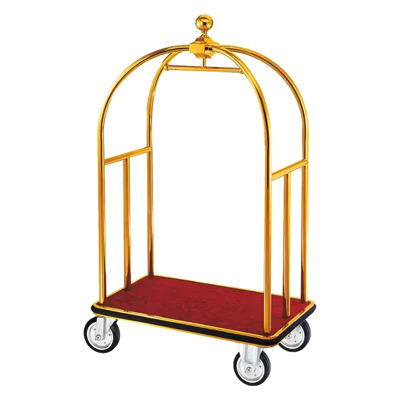 Luxury Hotel Lobby Stainless Steel Luggage Cart Airport Bag Trolley Push Pull Service Flat Cart for Concierge & Living Room Use