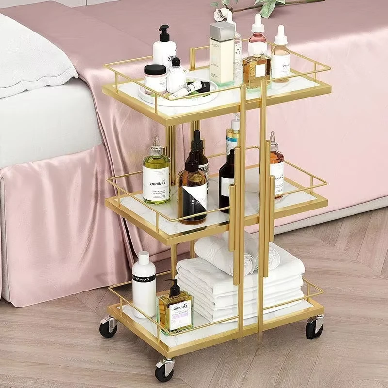 Luxury Modern 3 Tier Rolling Trolley with Gold Metal Wheels Salon & Spa Use 360 Degree Rotation & High Load Bearing Capacity