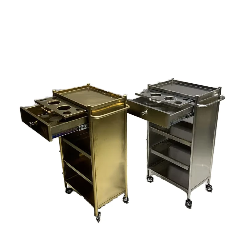 Luxury Modern Beauty Salon Ironing Trolley Stainless Steel 4 Wheel Stable Salon Cart