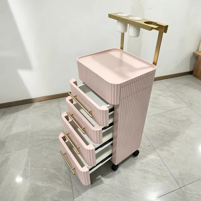 Luxury Modern Cream White Salon Cart Gold Handles 4 Wheel Heavy Duty Rolling Storage Trolley for Hotel Salon Hair Color Tools