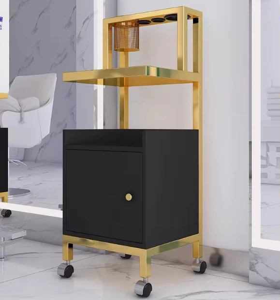Luxury Modern White Salon Trolley Cart Movable Multifunctional Beauty Hairdressing Tool with Gold Finish for Hotel Bathroom Use