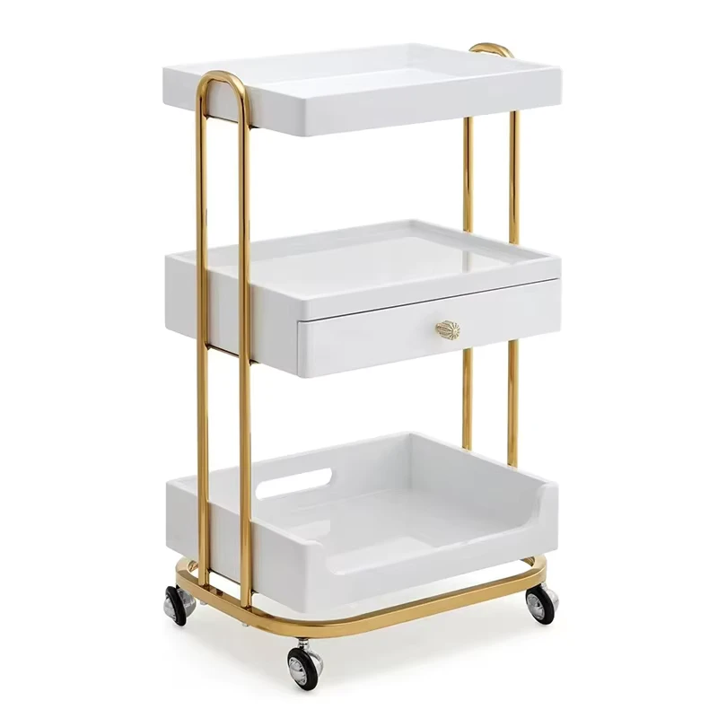 Luxury White Gold Multifunction Storage Nail Trolley Case Cart Hairdressing Makeup Beauty Salon Trolley with Wheels