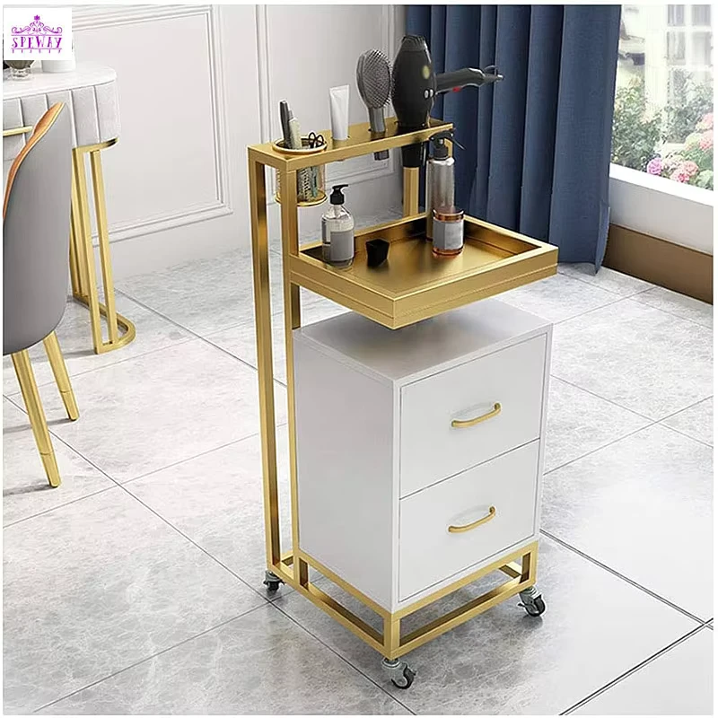 Luxury White and Gold Salon Cabinet Hair Salon Rolling Trolley Dressing Cart