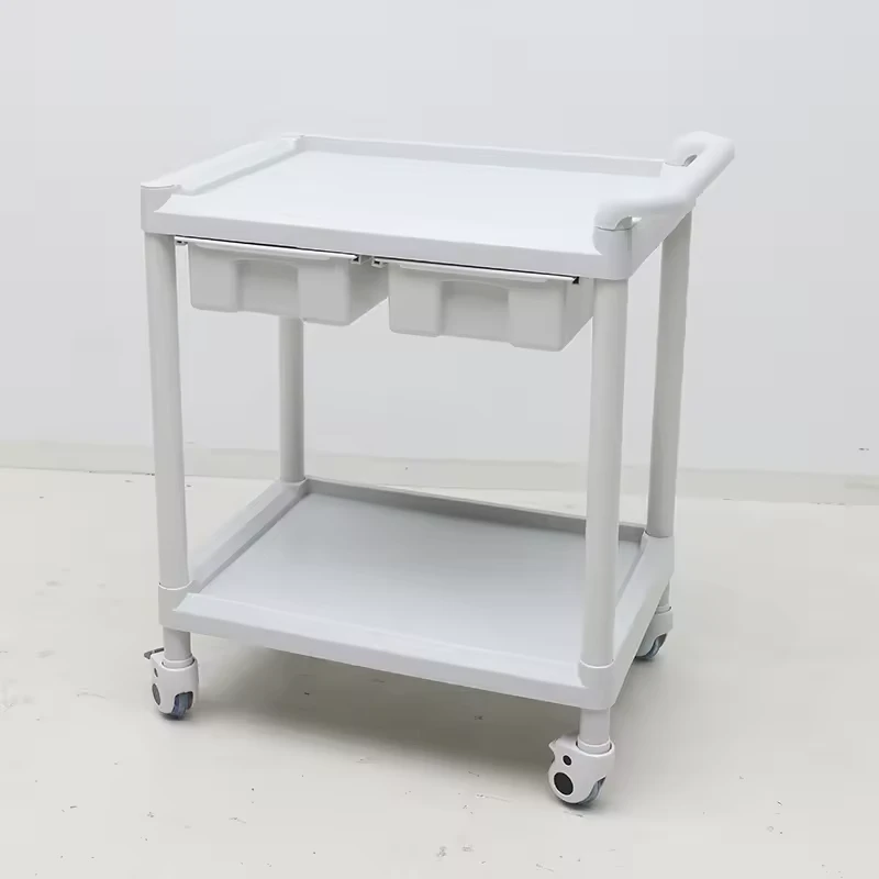 MN 201C ABS 2 Tier Hospital Medical Trolley Cart with Two Drawers Silent Wheels for Treatment Nursing