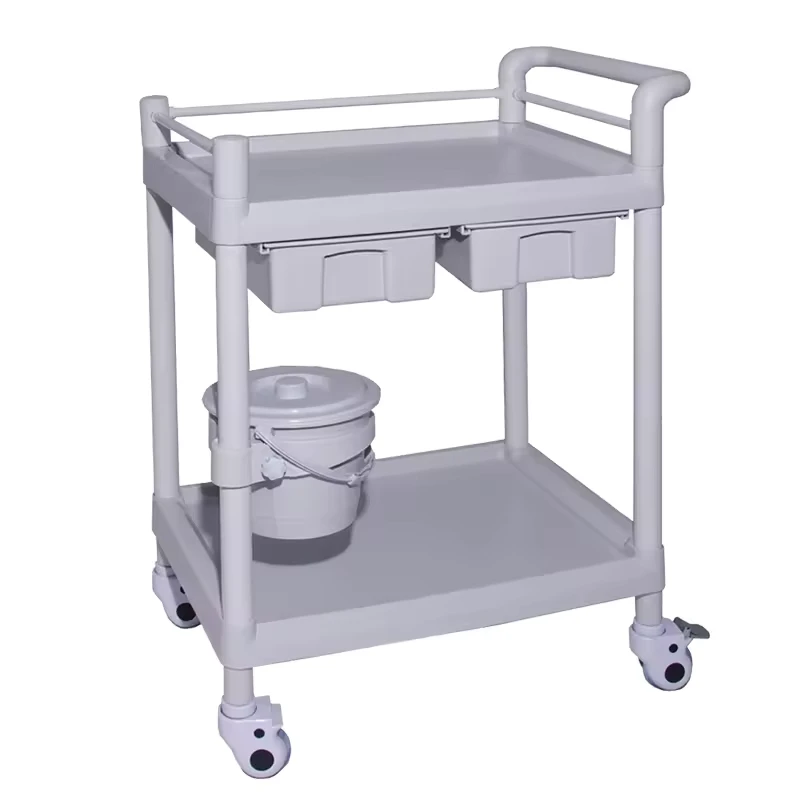 MN 201E ABS 2 Tier Hospital Medical Trolley Cart with Two Drawers and Bucket Silent Wheels
