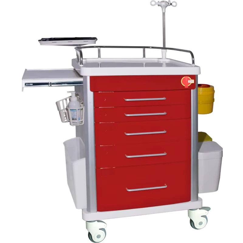 MN EC007 5 Layers Lockable Drawer Medical Emergency Crash Cart With IV Stand & Hand Sanitizer Holder