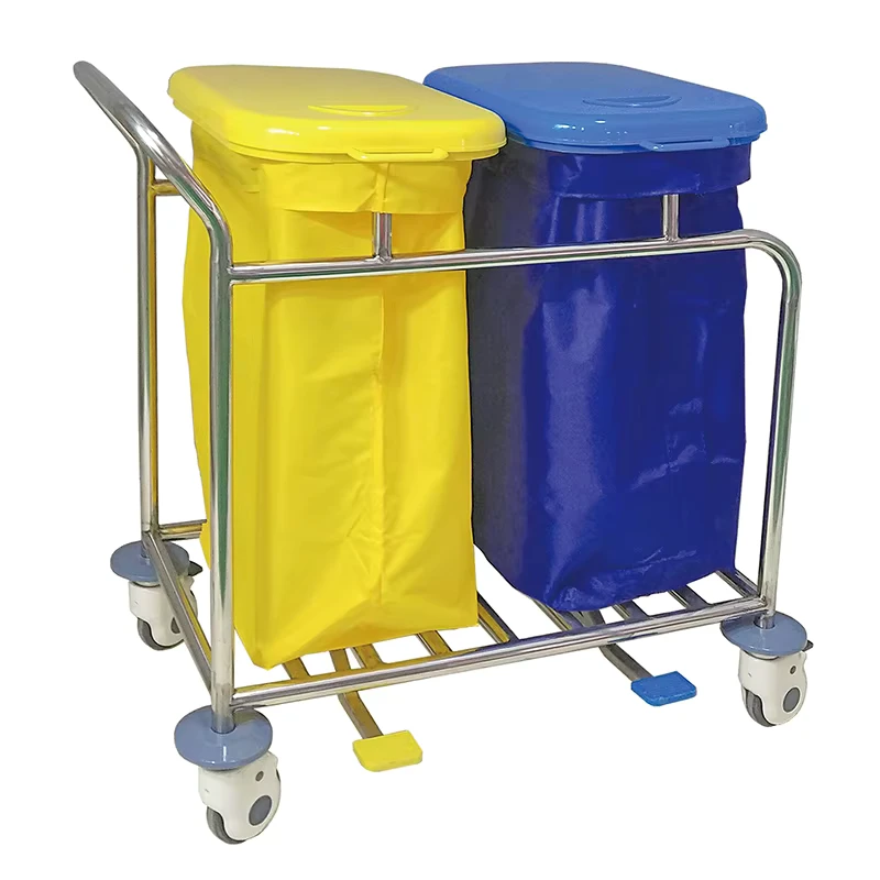 MN-LT004 Dual Bin Medical Waste Trolley with Foot-Operated Lid Hospital Linen Collection Cart