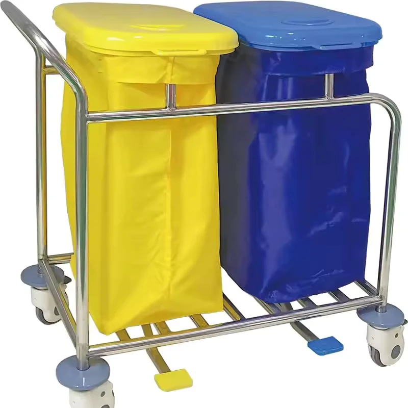MN LT004 Stainless Steel Medical Waste Trolley with Foot Pedal Double Bucket Laundry Cart