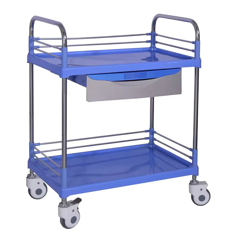 MN SPT002 ABS Stainless Steel 2 Tier Medical Trolley Cart with Drawer and Silent Wheels