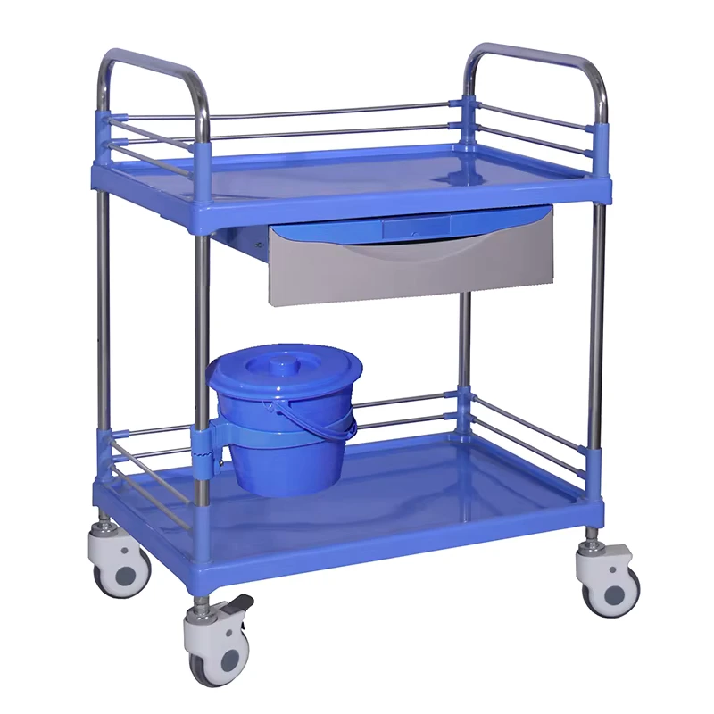 MN-SPT003 Multi Function Plastic Storage Trolley Cart Two Shelf Treatment Service Cart Trolley With Two Buckets