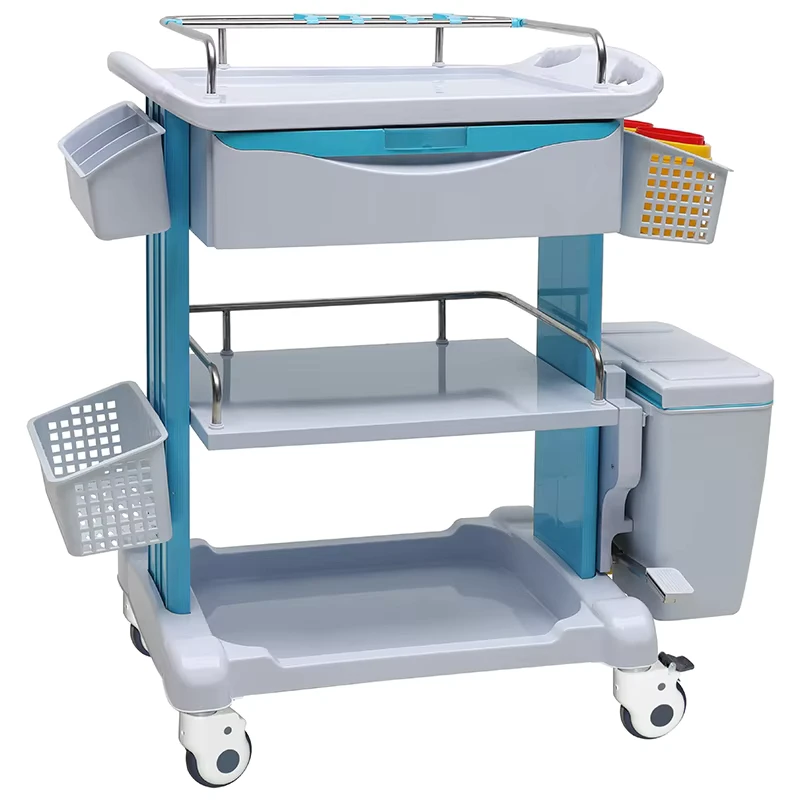 MN TC010 Hospital ABS Treatment Cart with Step On Waste Bin 3 Tier Trays and Double Side Baskets