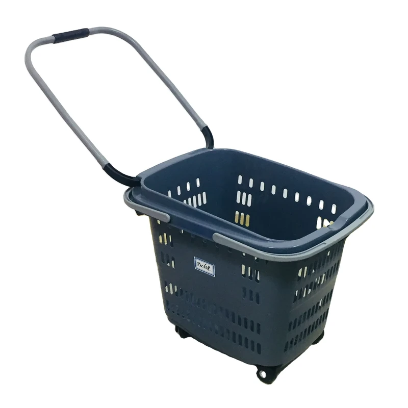 MOQ 20 PCS 34L Supermarket Plastic Shopping Rolling Basket With 4 Wheels Trolley Basket With Folding Long Handles
