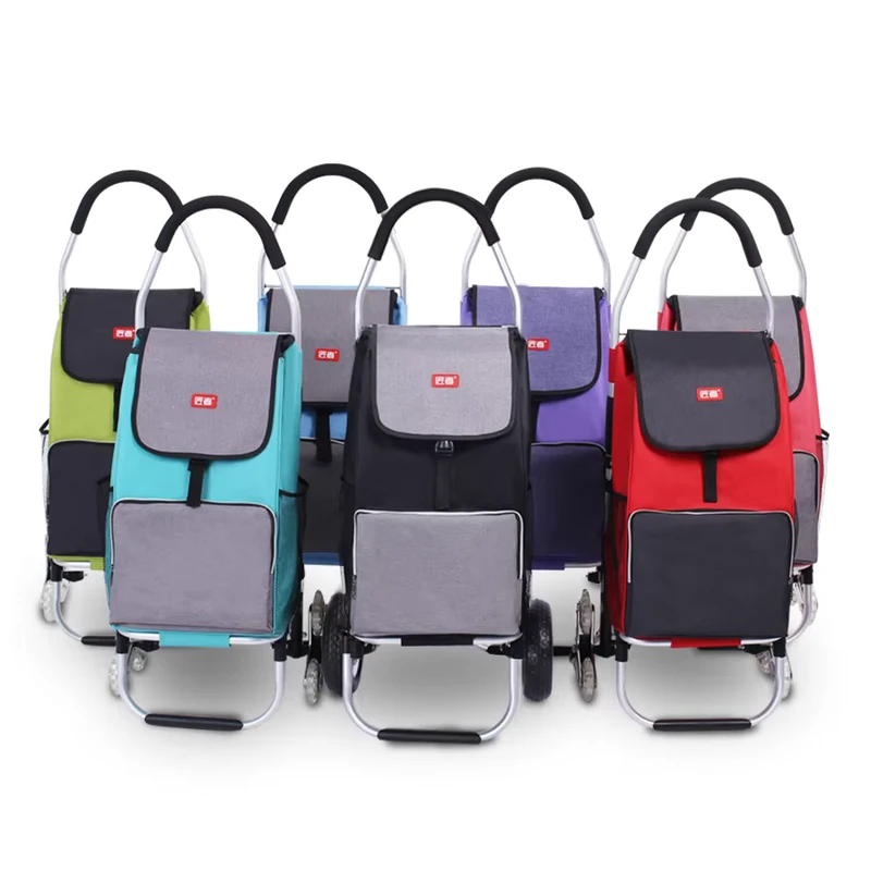 Macaron Cyan Foldable Shopping Cart 2 Wheels 40 Inch Handle Height Utility Shop Cart Oxford Market Trolley Bag for Groceries