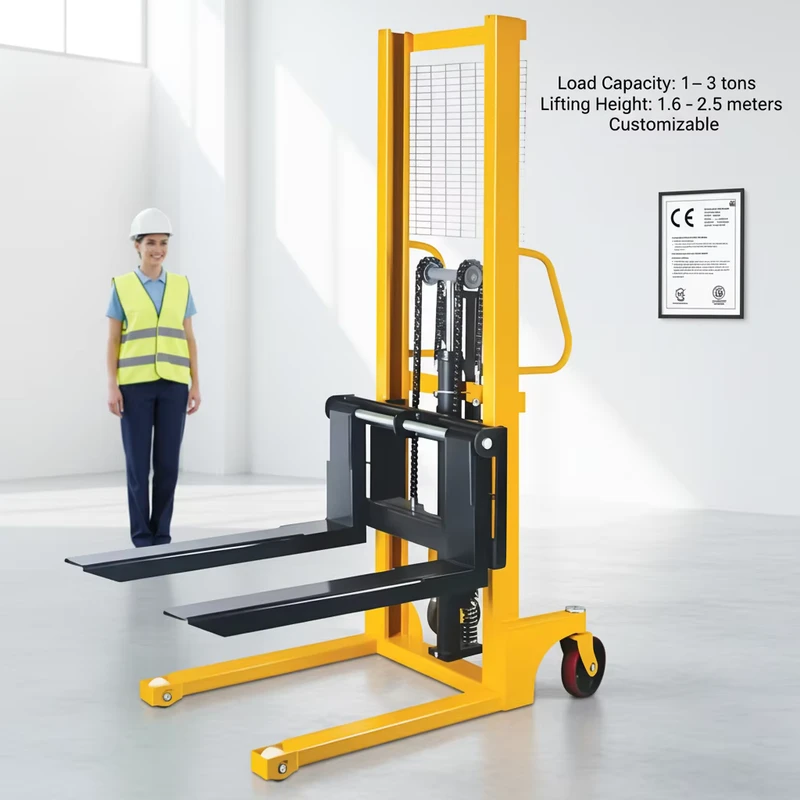 Manual Hydraulic Pallet Lift Forklift 2 Tons 1.6m Lifting Height Self Loading Stacker Adjustable Forks Solid