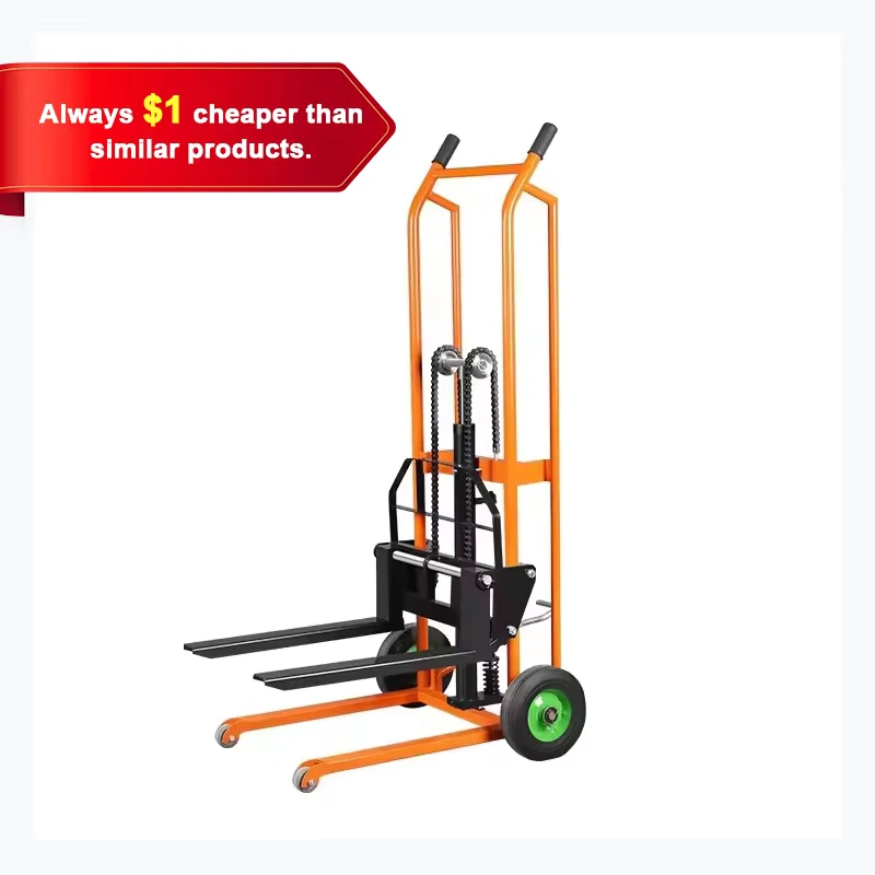 Manual Hydraulic Stacker 1ton 1600mm Adjustable Forks Portable Hand Hydraulic Forklift Nylon PU Wheels for Small Warehouse
