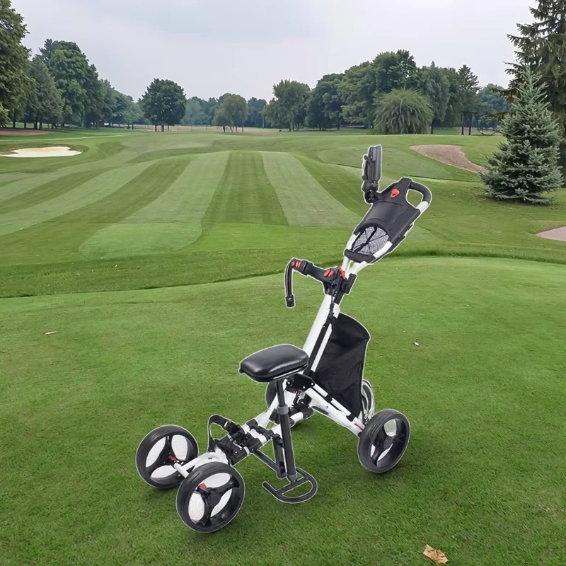 Manufacturer Comfortable Seat Golf Trolleys Portable Detachable Folding Four Wheel Trolley Cart Golf Bag Trolleys