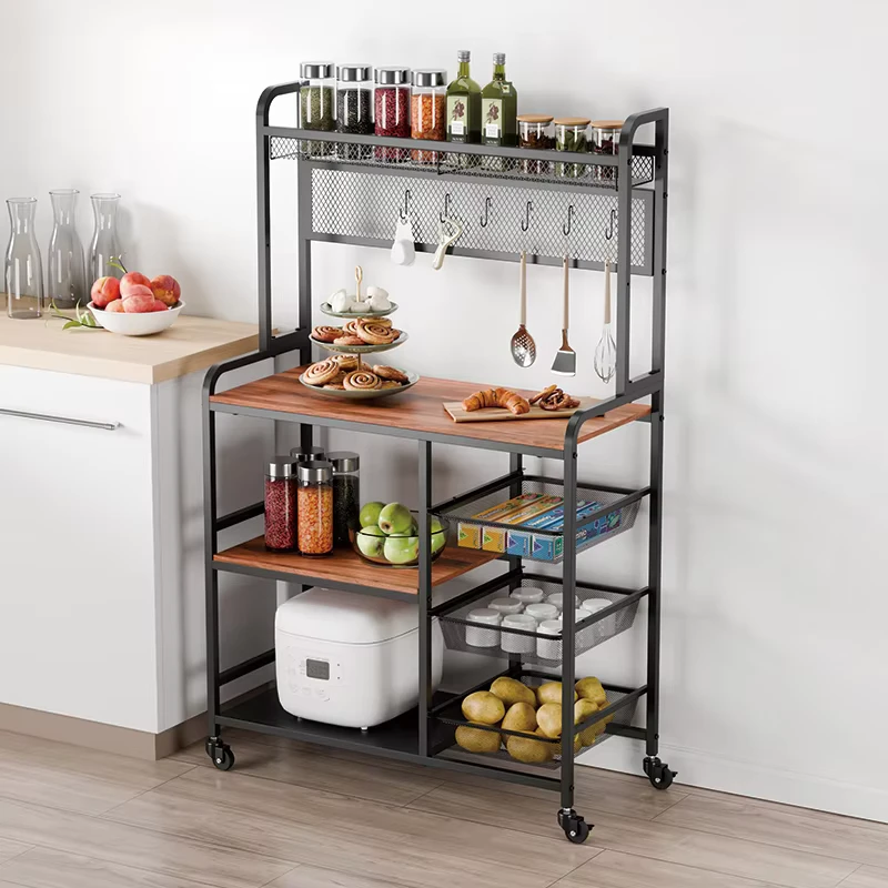 Mdf Kitchen Cookware Shelf 5 Tier Storage Rack Seasoning Rack Microwave Oven Standing Kitchen Baker Rack With 3 Put Out Basket
