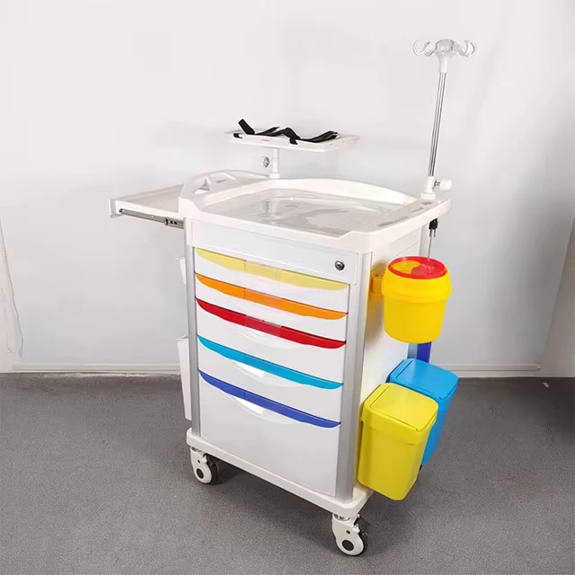 Medical ABS Emergency Cart Crash Trolley With 5 Drawers IV Pole Defibrillator Board for Hospital ICU Use