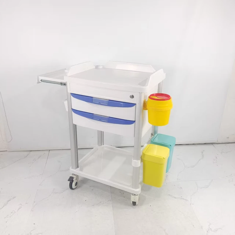 Medical Emergency Cart with Color Coded Drawers Waste Bins and IV Pole Multi Function Hospital Anesthesia Trolley
